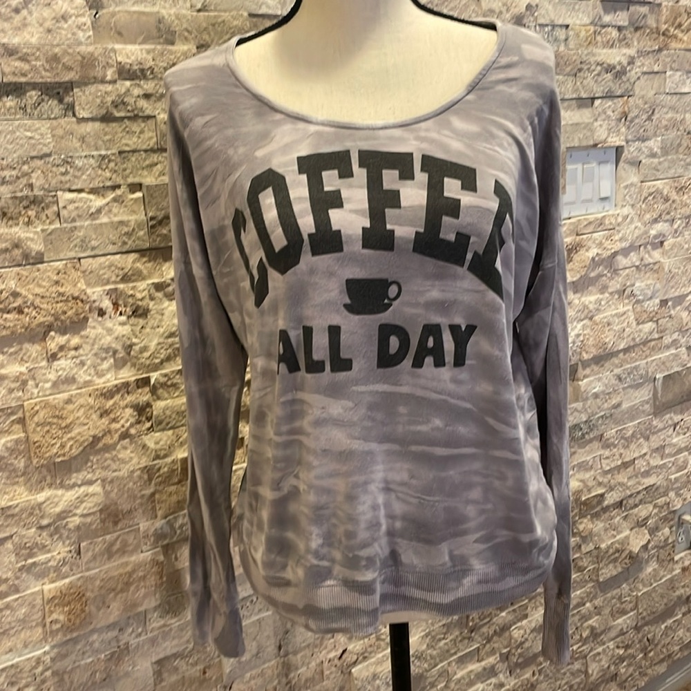 Sundown brand oversized soft COFFEE ALL DAY logo gray camo French Terry shirt